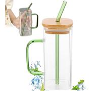 Gobelet avec couvercle et paille carré 400 ml de gobelet transparent avec des tasses de consommation verre résistantes à la chaleur pour le bureau à domicile, verre vert avec couvercles et pailles