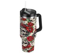 Gobelet avec poignée de 887 ml, gobelets isothermes en acier inoxydable avec poignées pour homme et femme, pour voyage, crânes vintage, roses rouges