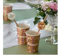 Gobelet carton joyeux anniversaire blanc et rose gold métallique (x10) REF/6648