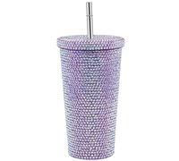 Gobelet Clouté en Diamant Scintillant de 17 Oz, Bouteille D'eau à Paillettes avec Couvercle, Bouteille D'eau en Strass, en Acier Inoxydable, avec Paille Thermique Sous Vide, Cadeau pour(Violet)