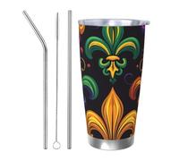 Gobelet coloré de Mardi Gras avec 2 pailles et couvercle, porte-gobelet isotherme en acier inoxydable pour boissons chaudes et froides, motif fleur de lys de 591 ml