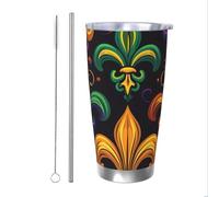 Gobelet coloré Mardi Gras avec paille et couvercle - Porte-gobelet isotherme en acier inoxydable pour boissons chaudes et froides - Motif fleur de lys - 591 ml