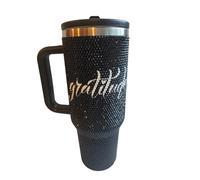 Gobelet de gratitude à strass de 1200 ml avec paille et poignée - Gobelet étanche à double paroi en acier inoxydable - Isolation sous vide, réutilisable pour les boissons chaudes et froides, cadeau