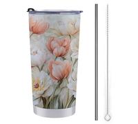 Gobelet de voyage de 591 ml avec couvercle à paille et brosse de nettoyage - Motif tulipes et pivoines en rose, blanc, jaune