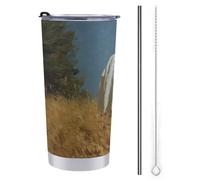 Gobelet de voyage de 591 ml avec deux fantômes blancs à la campagne, tasse à café isotherme en acier inoxydable avec couvercle à paille et brosse de nettoyage