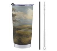 Gobelet de voyage de 591 ml avec deux fantômes blancs Hill River - Bouteille d'eau classique isotherme en acier inoxydable avec couvercle à paille et brosse de nettoyage