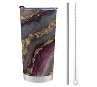 Gobelet de voyage de 591 ml avec tranche d'agate, rouge, doré, blanc, tasse à café isotherme en acier inoxydable avec couvercle à paille et brosse de nettoyage