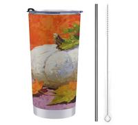 Gobelet de voyage de 591 ml avec trois citrouilles d'automne - Bouteille d'eau blanche et orange - Tasse à café isotherme en acier inoxydable avec couvercle à paille et brosse de nettoyage