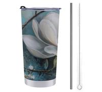 Gobelet de voyage de 591 ml, bouteille d'eau à motif de fleur de magnolia blanc, tasse à café isotherme en acier inoxydable avec couvercle à paille et brosse de nettoyage