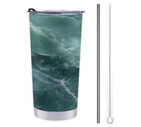 Gobelet de voyage de 591 ml - Bouteille d'eau à texture marbre vert translucide - Tasse à café isotherme en acier inoxydable avec couvercle à paille et brosse de nettoyage