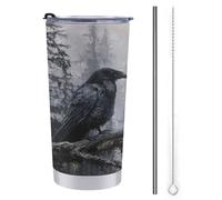 Gobelet de voyage de 591 ml, bouteille d'eau à trois corbeaux noirs, tasse à café isotherme en acier inoxydable avec couvercle à paille et brosse de nettoyage