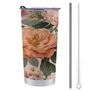 Gobelet de voyage de 591 ml - Bouteille d'eau isotherme en acier inoxydable avec couvercle à paille et brosse de nettoyage - Orange et rose pivoines roses