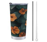 Gobelet de voyage de 591 ml - Motif fleurs d'oranger et feuilles vertes - Bouteille d'eau isotherme en acier inoxydable avec couvercle à paille et brosse de nettoyage