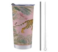 Gobelet de voyage de 591 ml, motif tigre de la jungle pastel marchant sur rose, tasse à café isotherme en acier inoxydable avec couvercle à paille et brosse de nettoyage