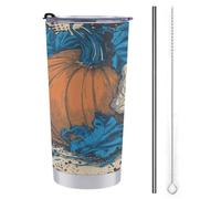 Gobelet de voyage de 591 ml - Tasse à café isotherme en acier inoxydable avec couvercle à paille et brosse de nettoyage - Motif tête de mort orange et citrouille