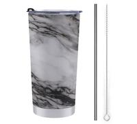 Gobelet de voyage de luxe de 591 ml, texture marbrée blanche et noire, tasse à café isotherme en acier inoxydable avec couvercle à paille et brosse de nettoyage