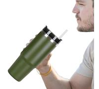Gobelet de voyage en acier inoxydable de 30 oz - Tasse de voyage avec poignée, gobelet à double paroi isolé sous vide, couvercle et paille, porte-gobelet portable | Tasse à café et thé chaud pour le