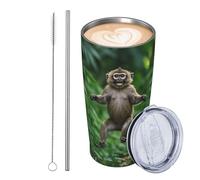 Gobelet de voyage isotherme en acier inoxydable de 591 ml - Tasse à café de voyage étanche avec couvercle et paille - Tasse à café de voyage avec petit singe jouant joyeusement dans la jungle - Cadeau