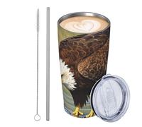 Gobelet de voyage isotherme en acier inoxydable de 591 ml - Tasse à café de voyage étanche avec couvercle et paille - Tasse à café de voyage avec motif d'aigle à tête blanche aquarelle et oiseau à bec
