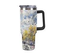 Gobelet de voyage isotherme réutilisable en acier inoxydable de 1200 ml avec paille, tasse de voyage glacée ou café de voiture, peinture de la tour Eiffel de Paris