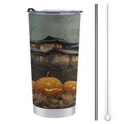Gobelet de voyage vintage en forme de citrouilles japonaises pour Halloween, tasse à café isotherme en acier inoxydable avec couvercle à paille et brosse de nettoyage 591 ml