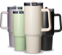 Gobelet en acier inoxydable 1,2 L 'Tampa' - Gobelet avec couvercle et paille - Gobelet isolant pour boissons chaudes et froides - Bouteille avec paille idéale pour les déplacements beige