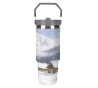 Gobelet en acier inoxydable de 887 ml avec poignée et couvercle à paille - Isolation sous vide pour 12 h - Design effilé chaud/froid - Convient aux porte-gobelets de voiture - Motif montagne enneigée