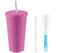 Gobelet en Diamant Clouté Bling, Tasse Bling de 17 Oz/500 Ml avec Couvercle et Paille, Gobelet Isotherme en Acier Inoxydable avec Strass, Tasse de Fête en Forme de Mouton en Cristal pour(Rose)