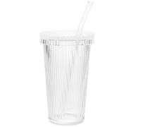 Gobelet en Verre 300-500ml avec Couvercle et Paille, à Rayures Verticales | Usage Maison ou Bureau, pour Thé au Lait et Boissons, Design Simple et Transparent, Réutilisable