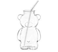 Gobelet en verre - 320 ml - Verre transparent en forme d'ours avec paille - verre polyvalent pour thé chaud glacé, jus, eau, cocktail, bière, vin, maison, bar, bureau, fête C
