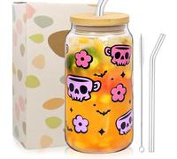Gobelet en verre avec couvercle et paille - 500 ml - Verre avec chauves-souris et têtes de mort - Verre à thé avec citrouilles - Halloween - Pour café glacé, thé au lait, boissons cola
