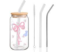 Gobelet en Verre de 16 oz avec Couvercle et Paille, Bow et Bear Tasse en verre, Bocaux à Boire, Verre Matcha, Tasse à Café Glacé, Verres à Boire pour Bière, Cocktail, Thé, Coca, Jus, Soda