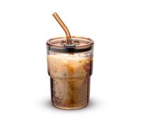 Gobelet en verre isotherme avec couvercle et paille - 400 ml - Couleur ambre - Anti-fuite - Double paroi pour le café et le thé glacé - Tasse de voyage portable