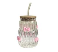 Gobelet en verre transparent réutilisable avec couvercle et paille - Tasse à café glacé à grand ventre - Design minimaliste mignon pour la maison, les voyages et le bureau - 500 ml
