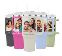 Gobelet Isolant Personnalisable 40 oz (1,2 L) avec Poignée et Paille, Gobelets Isothermes en Acier Inoxydable avec Photo, Nom, Texte, Gobelets Personnalisés avec Nom, Cadeaux Personalisés pour Femmes