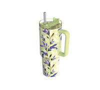 Gobelet Isotherme 1200 ml avec Paille au Décor Floral Matcha Vert