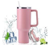 Gobelet isotherme à double paroi en acier inoxydable - 40 oz - 1200 ml - Avec poignée et paille - Tasse à café - Gobelet de voyage - Gobelet isotherme pour boissons chaudes froides (rose)