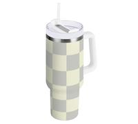 Gobelet isotherme à motif carreaux gris beige avec couvercle à paille - Bouteille d'eau en acier inoxydable à large ouverture - Grande tasse à café - Cadeau pour femme, homme et femme