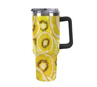 Gobelet isotherme de 1 134 ml avec poignée, couvercle et paille, bouteille d'eau sous vide en acier inoxydable, tasse de voyage réutilisable pour hommes et femmes, poignée noire - Kiwi, doré, tranché