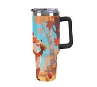 Gobelet isotherme de 1,2 L avec anse et paille - Motif feuilles d'automne et renard, en acier inoxydable, double paroi étanche, compatible avec les porte-gobelets de voiture, sans BPA.