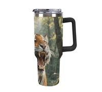 Gobelet isotherme de 1,2 L avec anse et paille - Motif Tigre de Sibérie dans la forêt, en acier inoxydable, double paroi étanche, compatible avec les porte-gobelets de voiture, sans BPA.