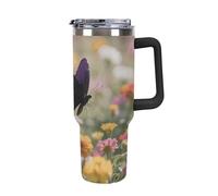 Gobelet isotherme de 1,2 L avec poignée et paille - Mug de voyage en acier inoxydable à motif papillon violet, tasse thermique à double paroi sous vide étanche, compatible avec les porte-gobelets de