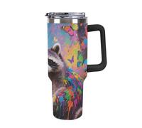 Gobelet isotherme de 1,2 L avec poignée et paille - Mug de voyage Moonlake Raton laveur en acier inoxydable, tasse thermique à double paroi étanche, compatible avec les porte-gobelets de voiture, sa