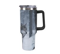 Gobelet isotherme de 1,2 L avec poignée et paille - Mug de voyage Wolf en acier inoxydable, tasse thermique à double paroi sous vide étanche, compatible avec les porte-gobelets de voiture, sans BPA