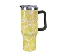 Gobelet isotherme de 113 cl avec poignée, couvercle et paille, bouteille d'eau sous vide en acier inoxydable, tasse de voyage réutilisable pour hommes et femmes, poignée noire, motif tranche de citro