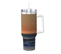 Gobelet isotherme de 1200 ml avec poignée et paille - Bouteille étanche en acier inoxydable avec poignée et paille - Motif Last Sun Rays of Over The Sea Waves
