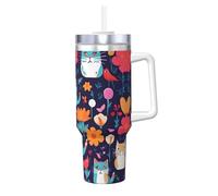 Gobelet isotherme de 1200 ml avec poignée et paille - Bouteille étanche en acier inoxydable avec poignée et paille - Imprimé Funny Cats Birds and Flowers