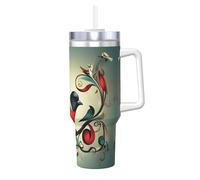 Gobelet isotherme de 1200 ml avec poignée et paille - Gourde étanche en acier inoxydable avec poignée et paille - Motif notes de musique sarcelle