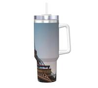 Gobelet isotherme de 1200 ml avec poignée et paille - Motif Paris Tour Eiffel - Bouteille étanche en acier inoxydable