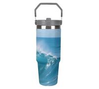 Gobelet isotherme de 887 ml (30 oz) avec paille et poignée - Mug de voyage isotherme en acier inoxydable motif vagues - Tasse sous vide étanche pour café et eau, cadeau d'anniversaire ou de Noël pou